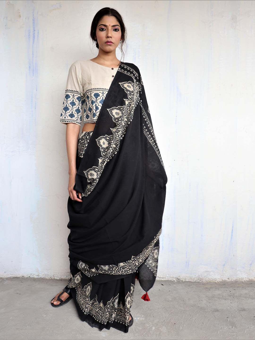 chidiyaa black & white ethnic motifs pure cotton saree
