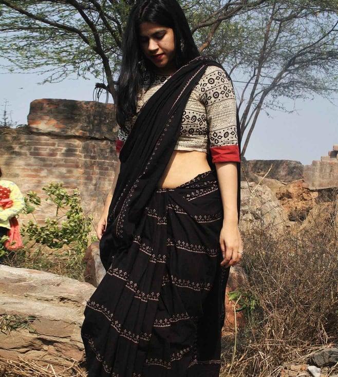 chidiyaa black block printed cotton mul saree