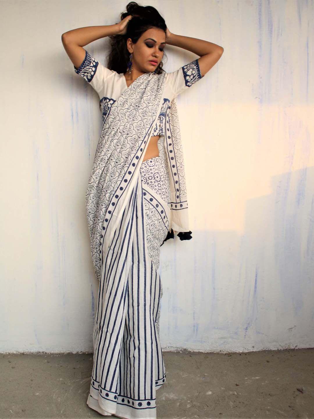 chidiyaa blue & white ethnic motifs pure cotton saree