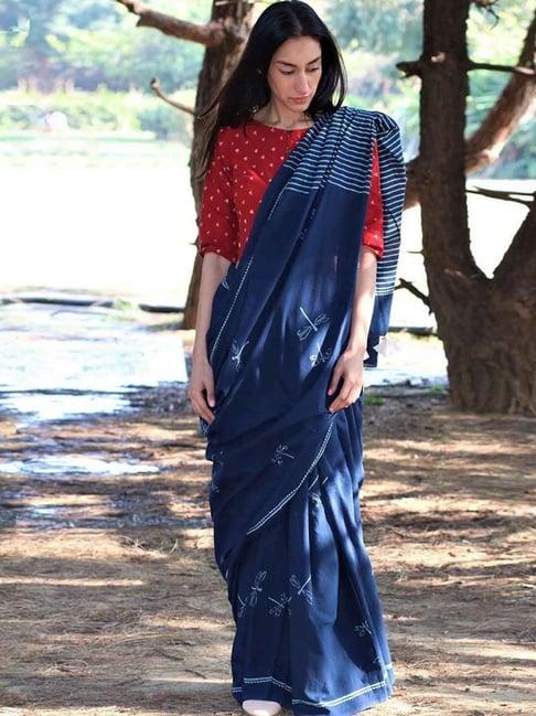 chidiyaa blue dragonfly block printed cotton mul saree