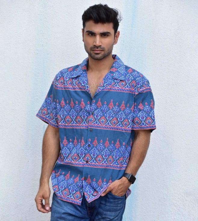 chidiyaa blue jilibi kaleidoscope handblockprinted pure cotton shirt