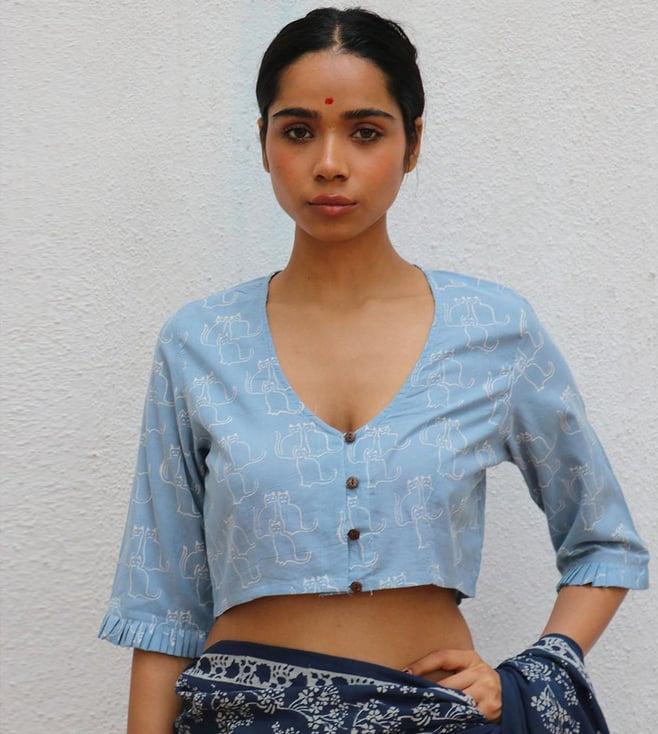chidiyaa blue paakhi claudia handblock printed cotton crop top blouse