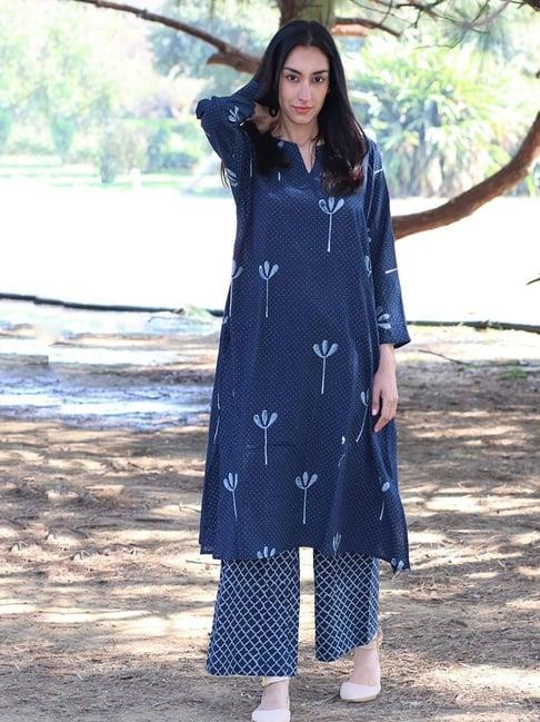 chidiyaa blue polka dots printed kurti with palazzo set