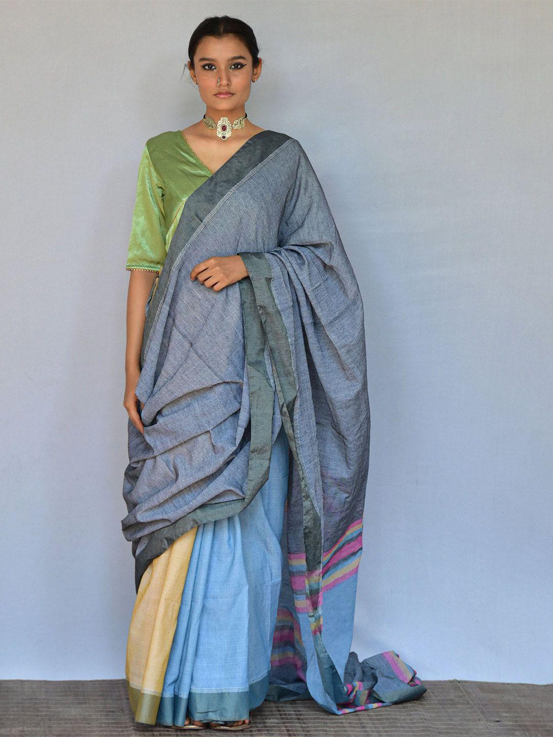 chidiyaa colourblocked half and half handwoven saree