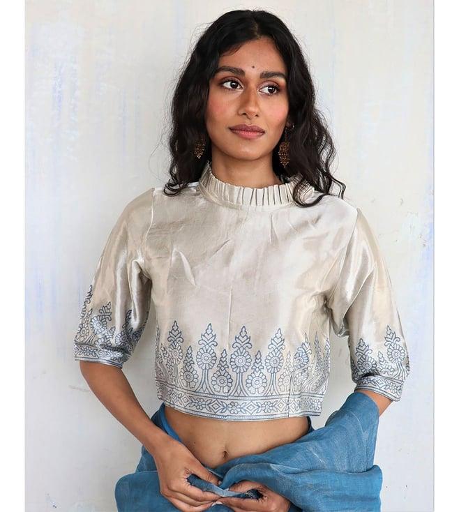 chidiyaa cream & blue block printed blouse