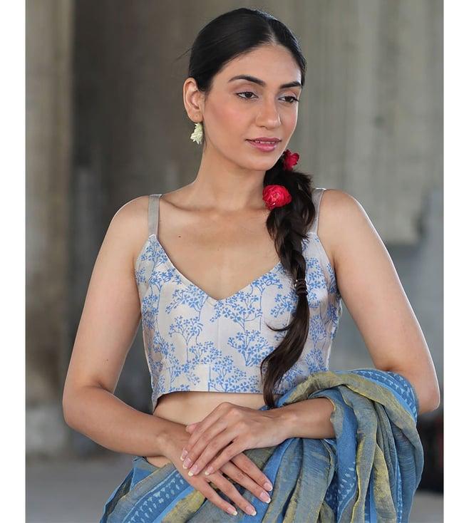 chidiyaa cream & blue block printed manjari blouse