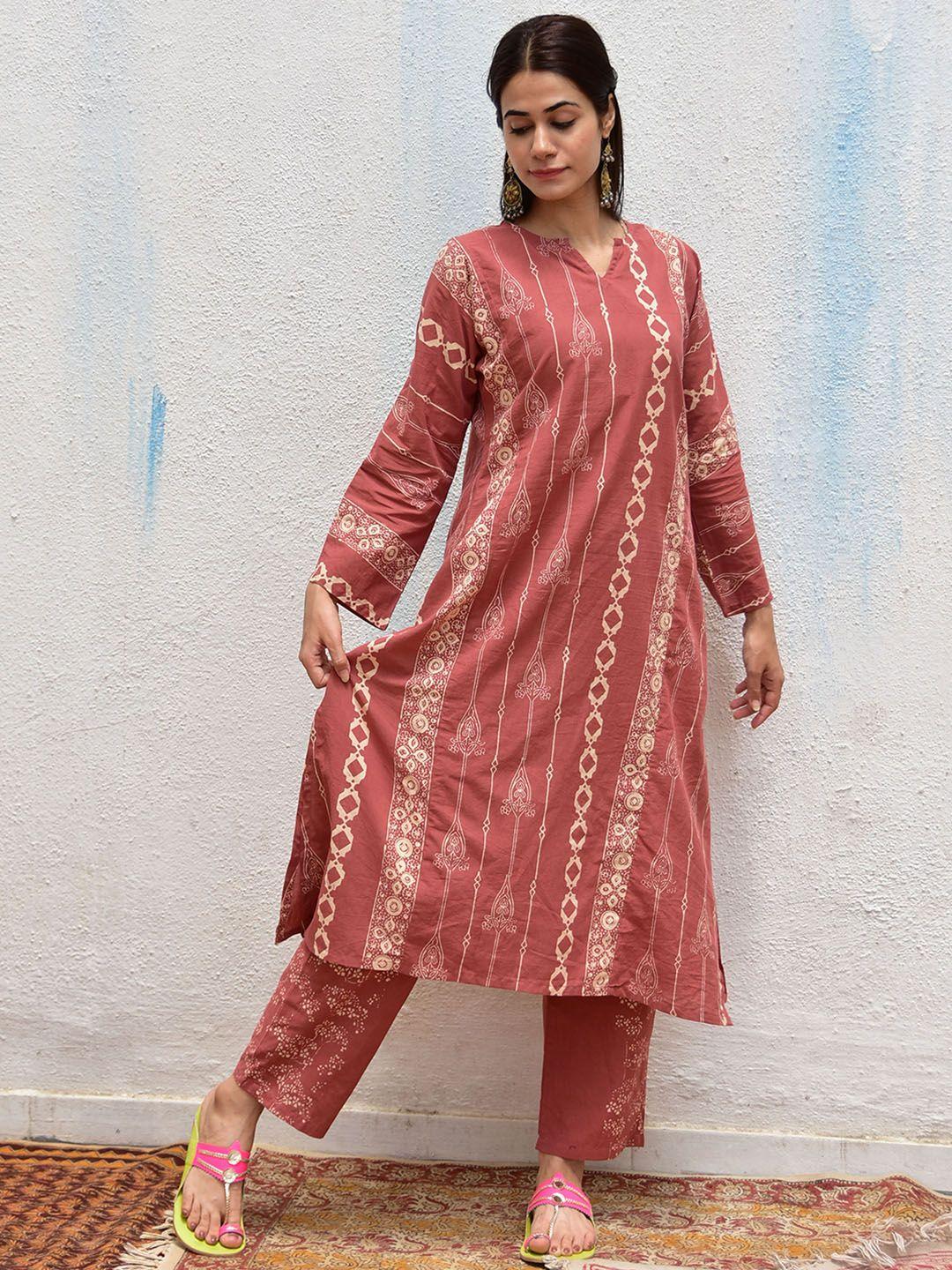 chidiyaa ethnic motifs block printed regular pure cotton kurta with trousers