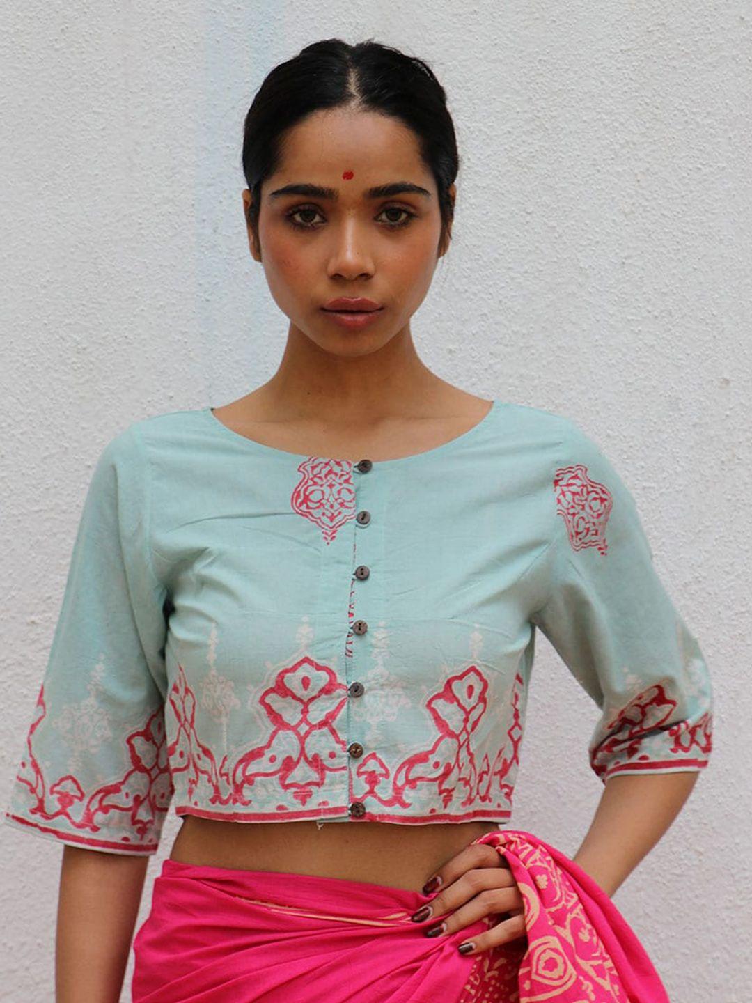 chidiyaa ethnic motifs handblock printed cotton round neck saree blouse