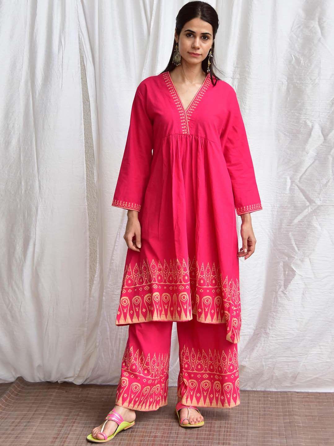 chidiyaa ethnic motifs printed pure cotton a-line kurta with palazzos