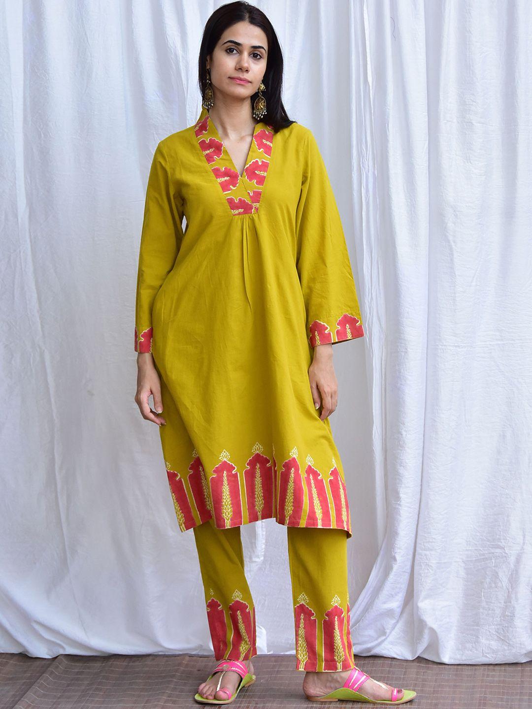 chidiyaa ethnic motifs yoke design regular pure cotton kurta with trousers