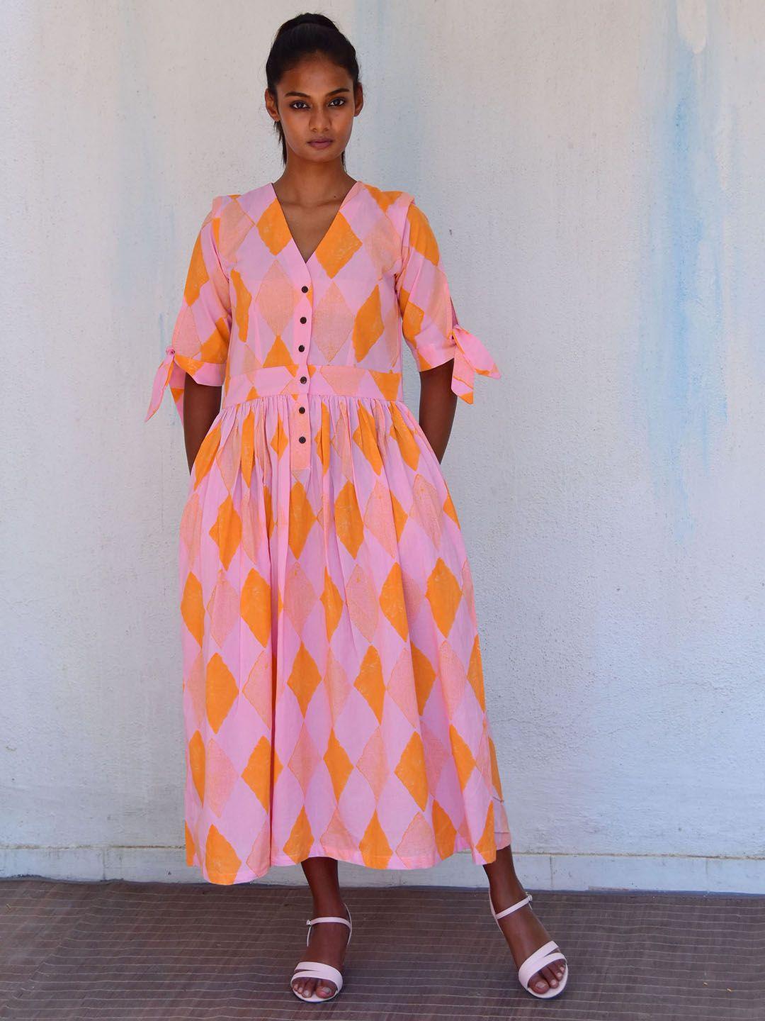 chidiyaa geometric printed cotton a-line midi dress