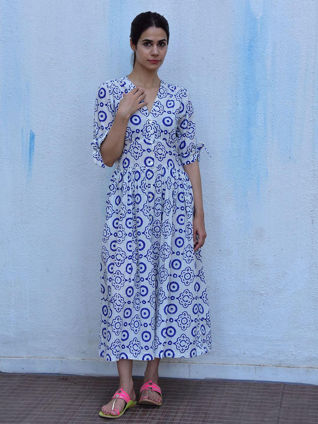 chidiyaa geometric printed slit sleeves cotton a-line maxi dress