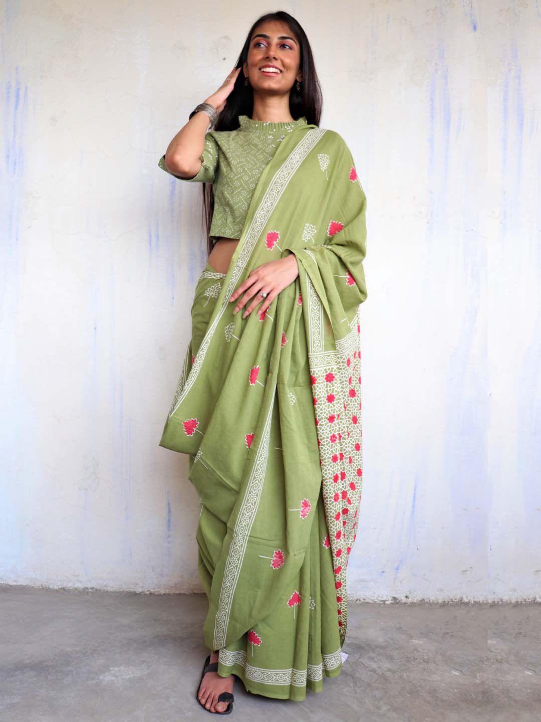 chidiyaa green & pink floral printed pure cotton saree