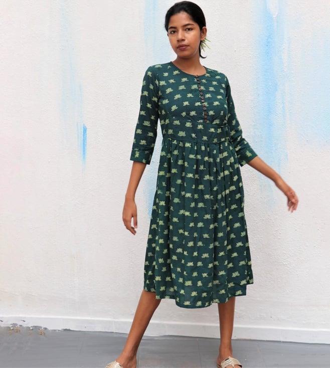 chidiyaa green blossom block printed cotton slit dress for