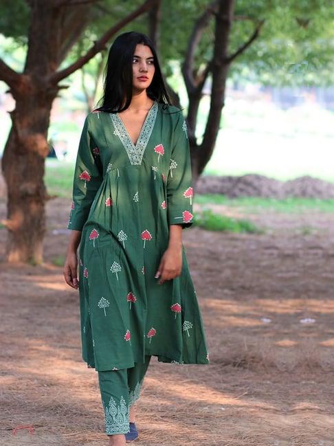 chidiyaa green hand printed kurti set