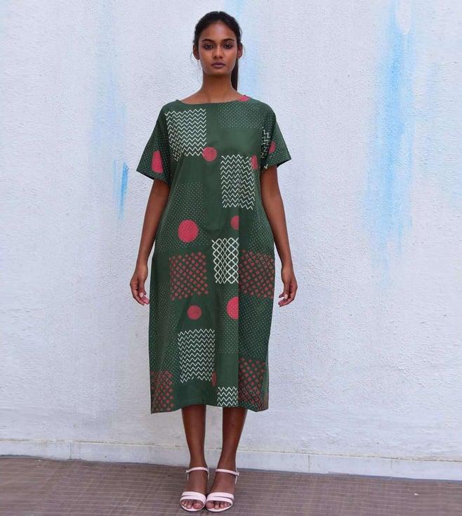 chidiyaa green smell of rain agatha's mind hand block printed cotton dress