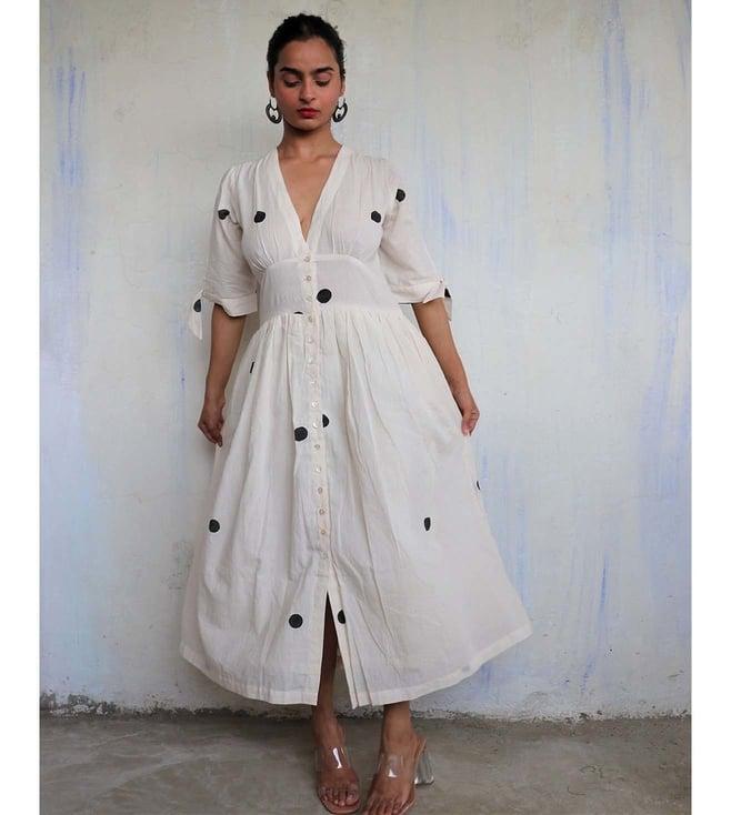 chidiyaa ivory pure cotton pola dot mono dress