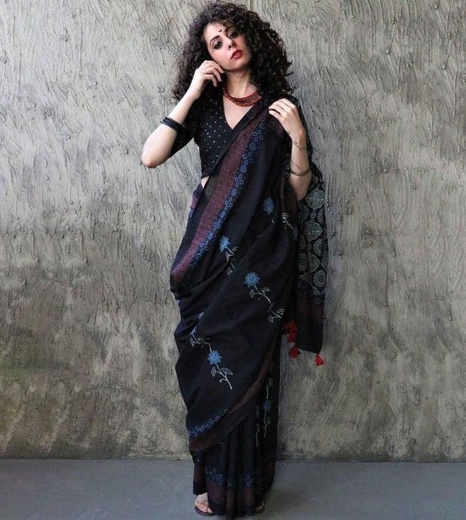 chidiyaa kohl block printed cotton mul saree