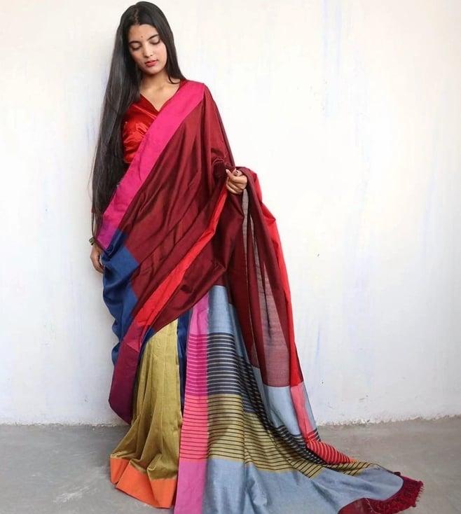 chidiyaa maroon green handwoven cotton viscose saree