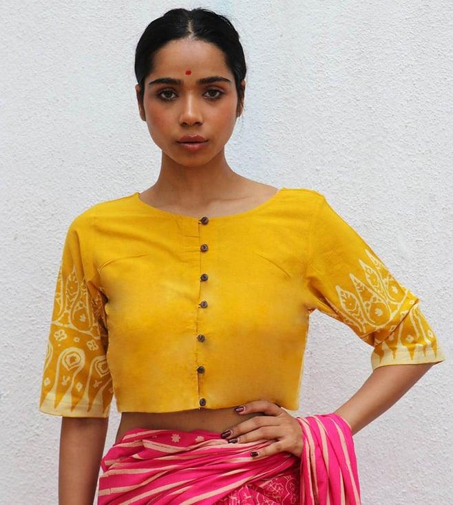 chidiyaa mustard paakhi milda handblock printed cotton crop top blouse