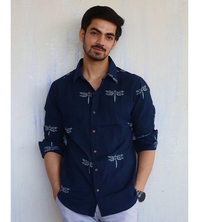 chidiyaa navy blue dragonfly block printed shirt