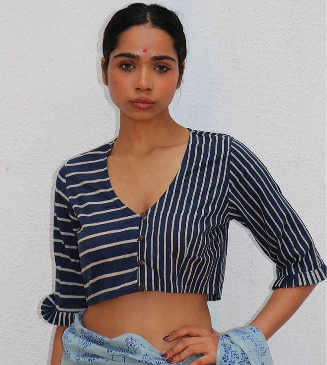 chidiyaa navy blue paakhi yin handblock printed cotton crop top blouse