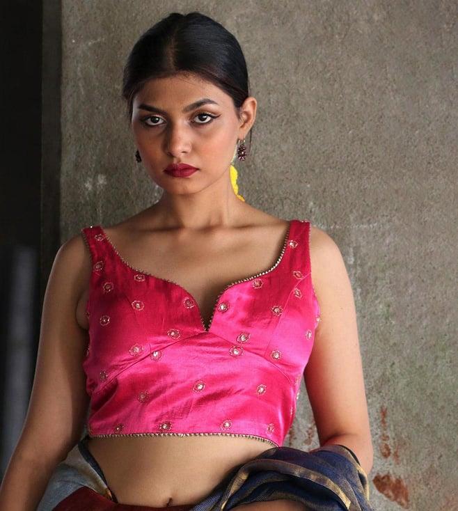 chidiyaa passionate pink hand embroidered sleeveless blouse in mashru silk gazala