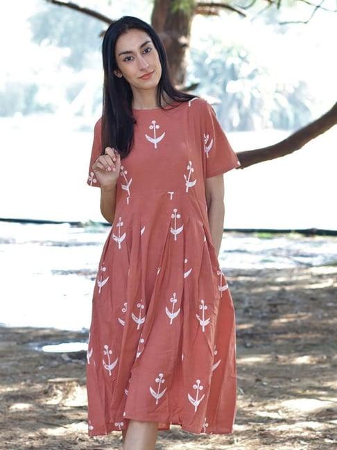 chidiyaa peach block printed pleated  dress