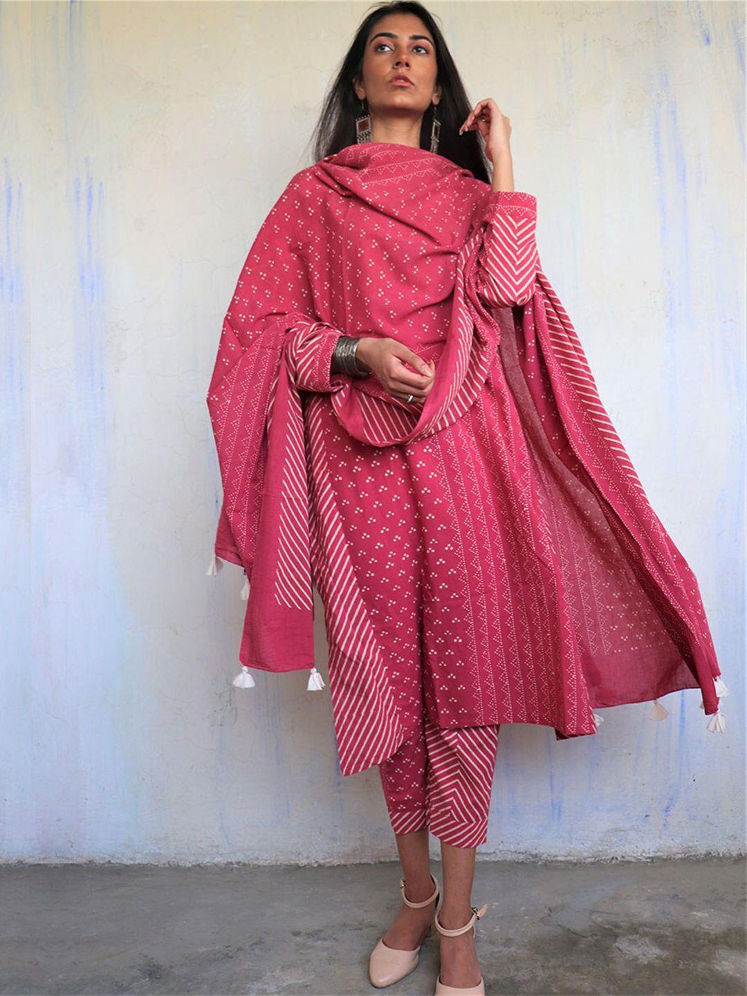 chidiyaa pink & white block printed pure cotton dupatta