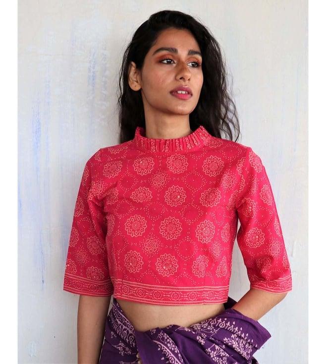 chidiyaa pink block printed crop top blouse