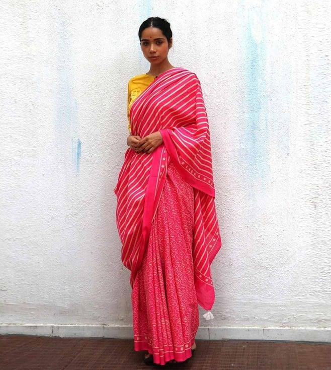 chidiyaa pink paakhi firelight handprinted cotton sarees