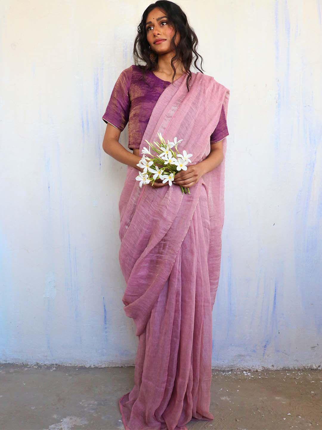 chidiyaa pink pure linen saree