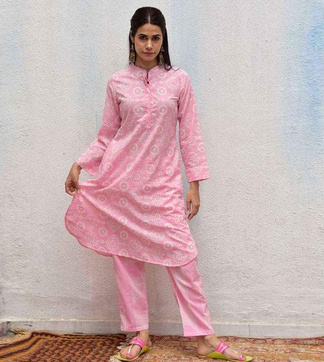 chidiyaa pink smell of rain nazneen hand block printed cotton kurta with pant