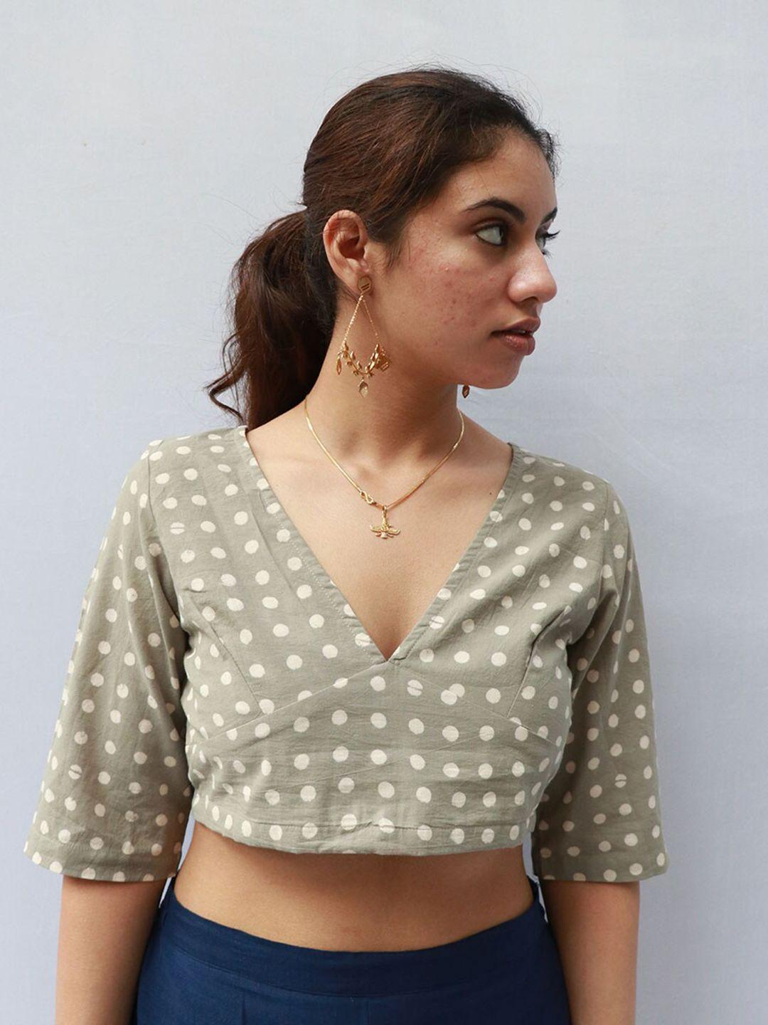 chidiyaa polka dot printed hand block cotton saree blouse