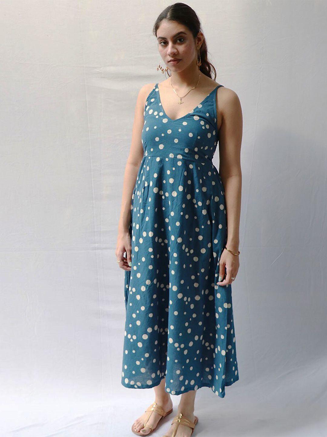 chidiyaa polka dot printed shoulder strap midi fit & flare dress