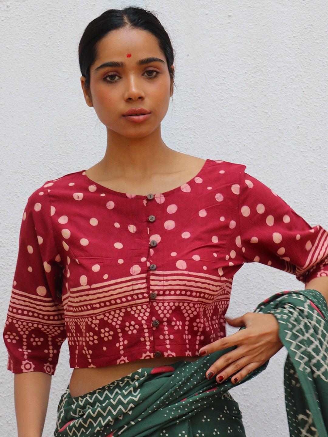 chidiyaa polka dots printed cotton saree blouse