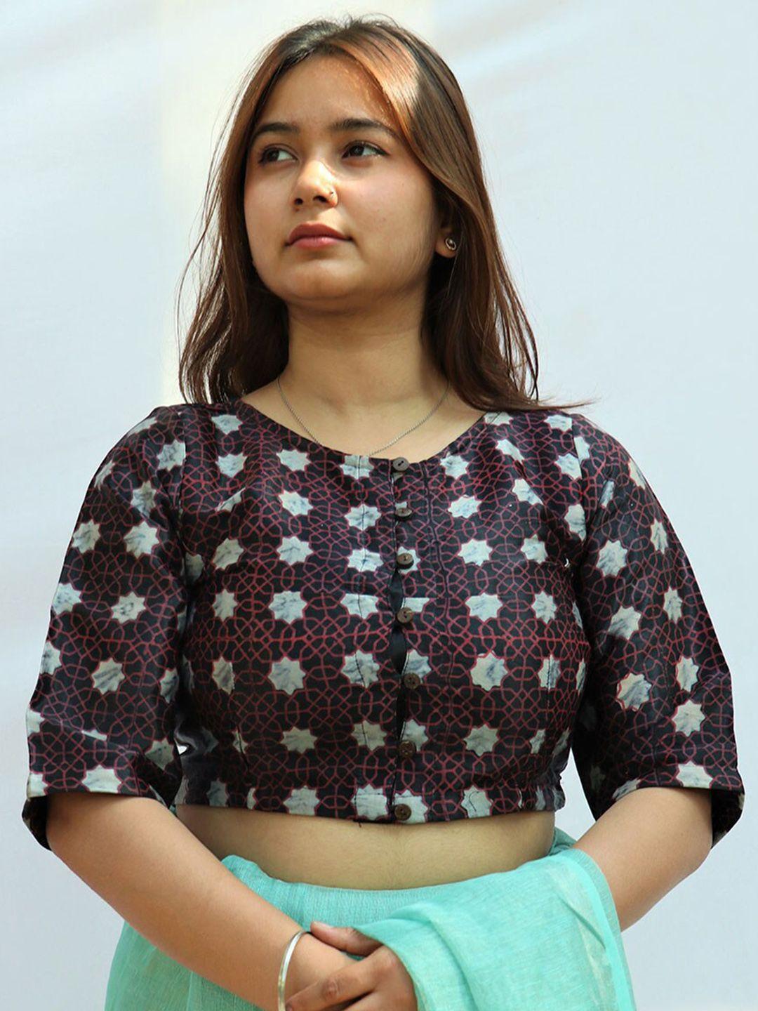 chidiyaa printed round neck three-quarter sleeves silk saree blouse