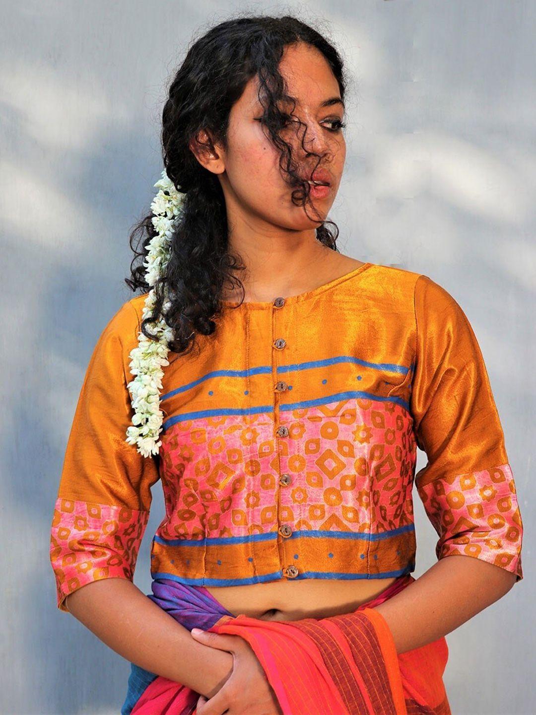 chidiyaa printed three-quarter sleeves silk saree blouse