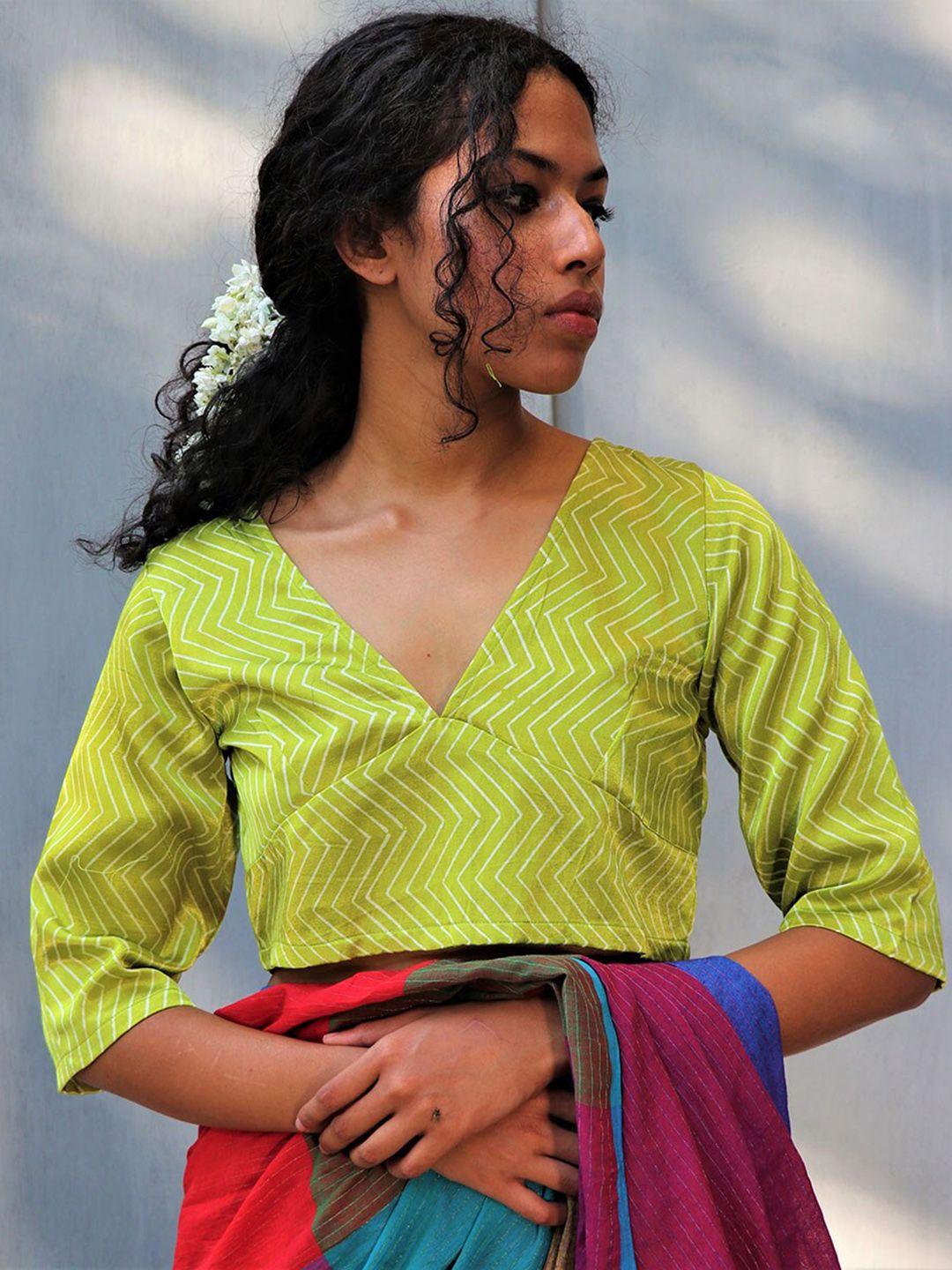 chidiyaa printed v-neck mashru silk saree blouse