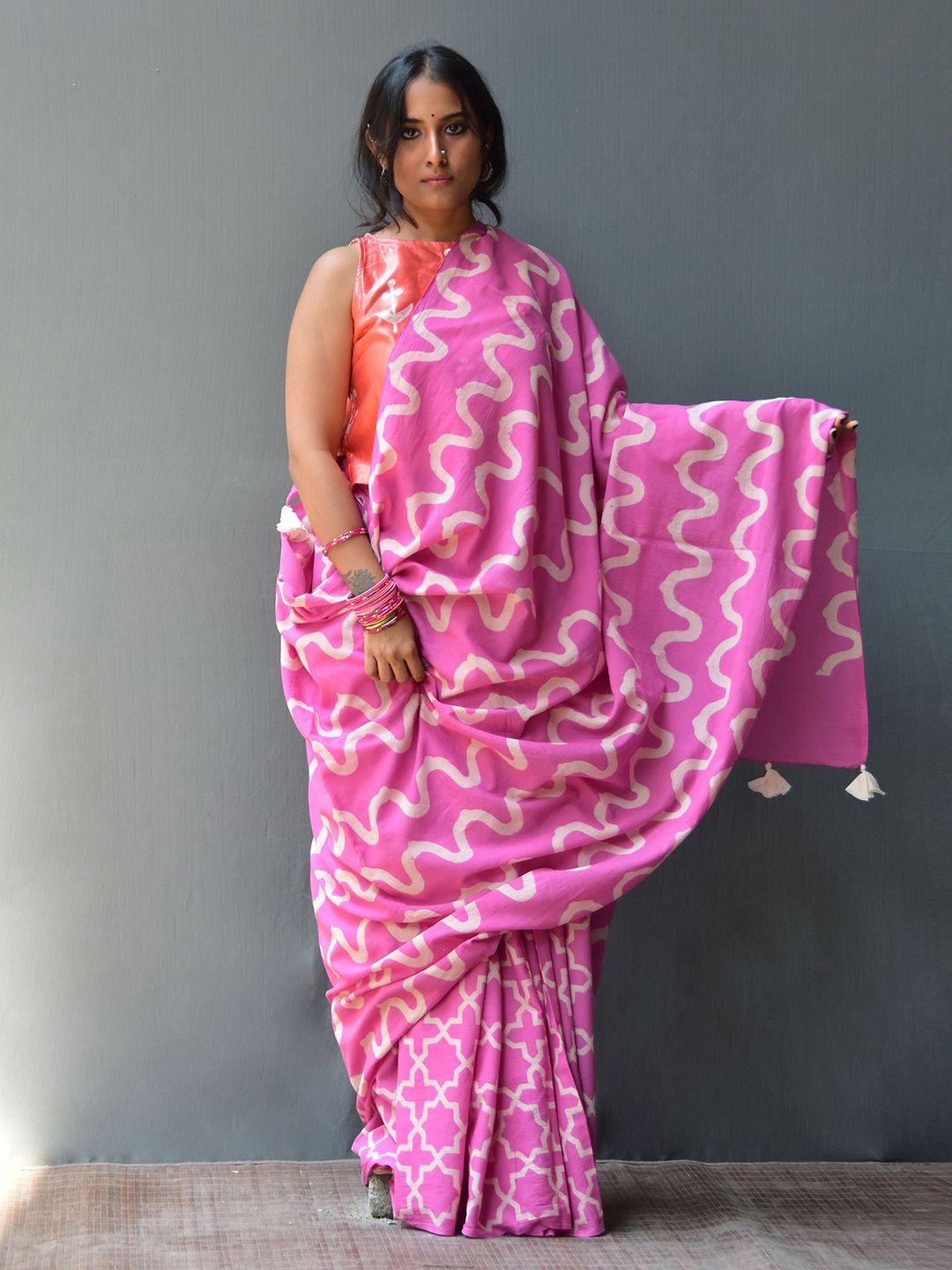 chidiyaa pure cotton block print saree with tassels
