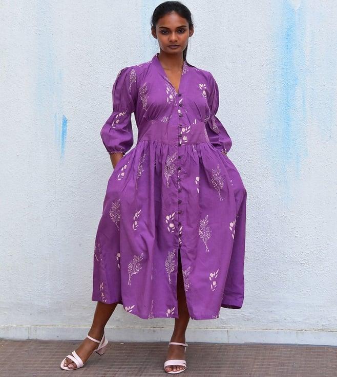 chidiyaa purple humming bird melody hand block printed cotton dress