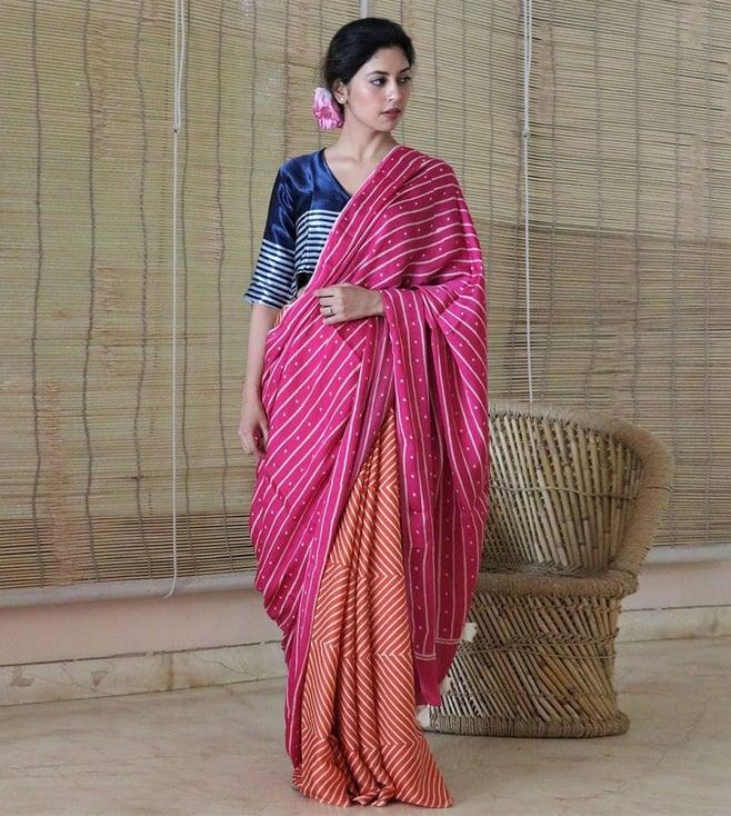 chidiyaa rani & orange green block printed modal silk saree