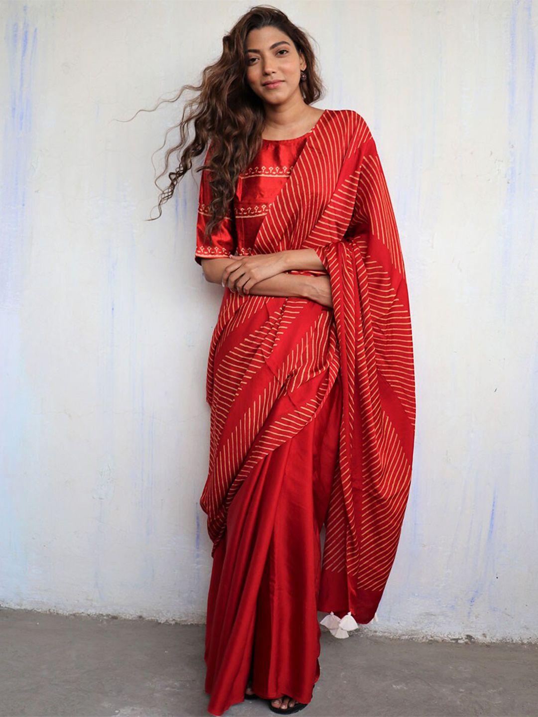 chidiyaa red & beige striped modal silk saree