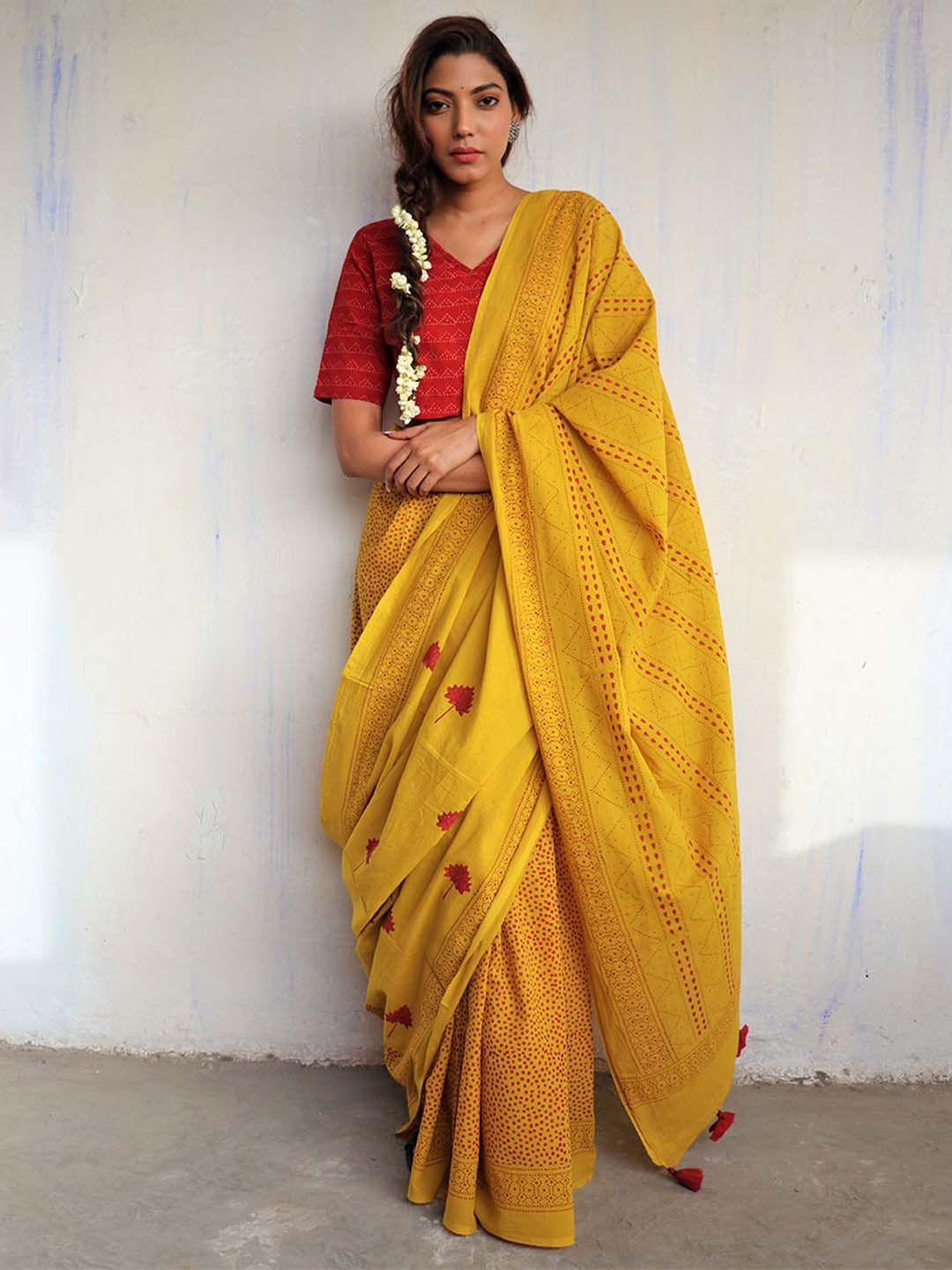 chidiyaa red & yellow pure cotton saree