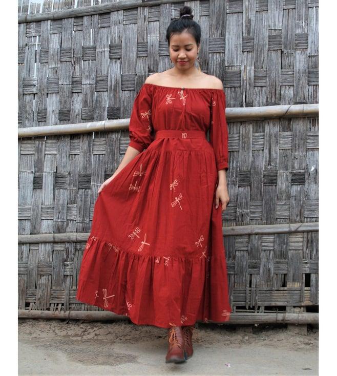 chidiyaa red block printed dragonfly dress