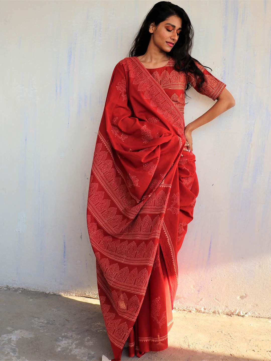 chidiyaa red block printed pure cotton saree