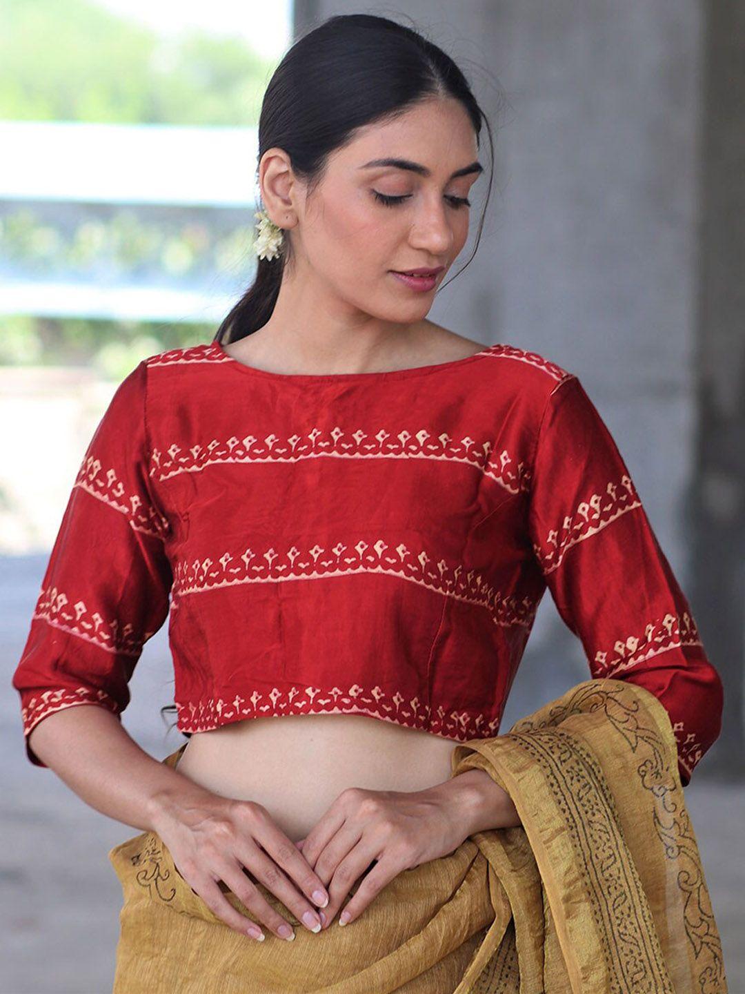 chidiyaa red block-printed silk saree blouse