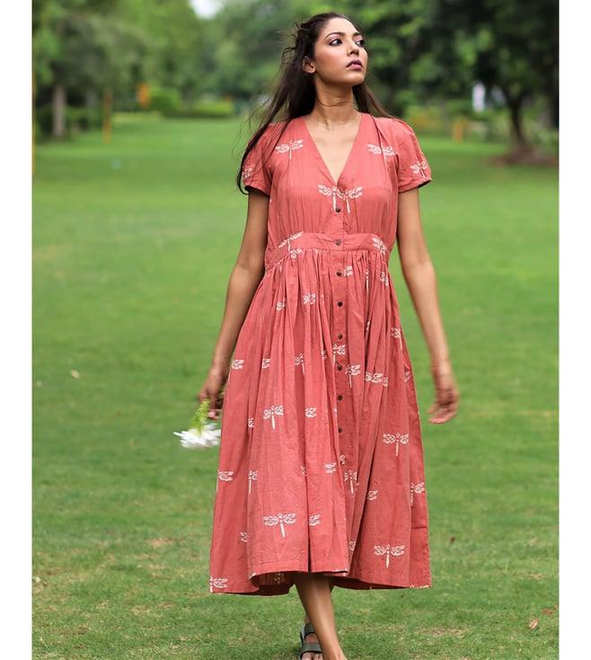 chidiyaa rust block printed dragonfly dress