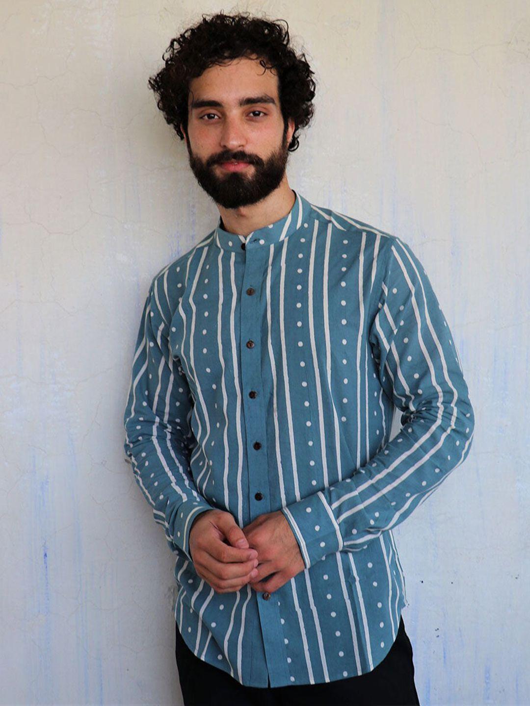 chidiyaa standard stripes & dots blockprinted mandarin collar cotton casual shirt