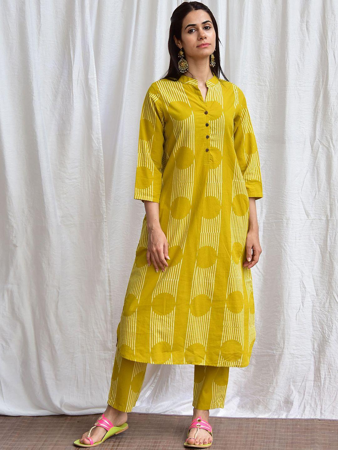 chidiyaa striped printed band collar pure cotton straight kurta with trousers